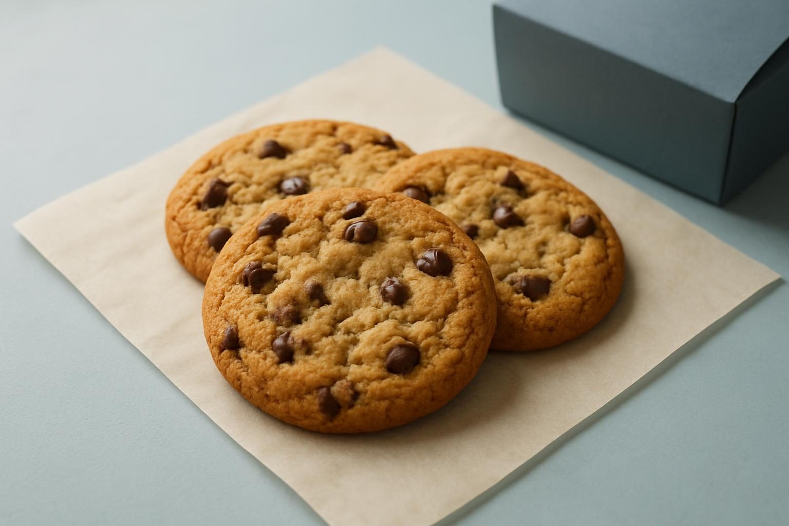 Cookies on bakery paper beside blue takeaway packaging