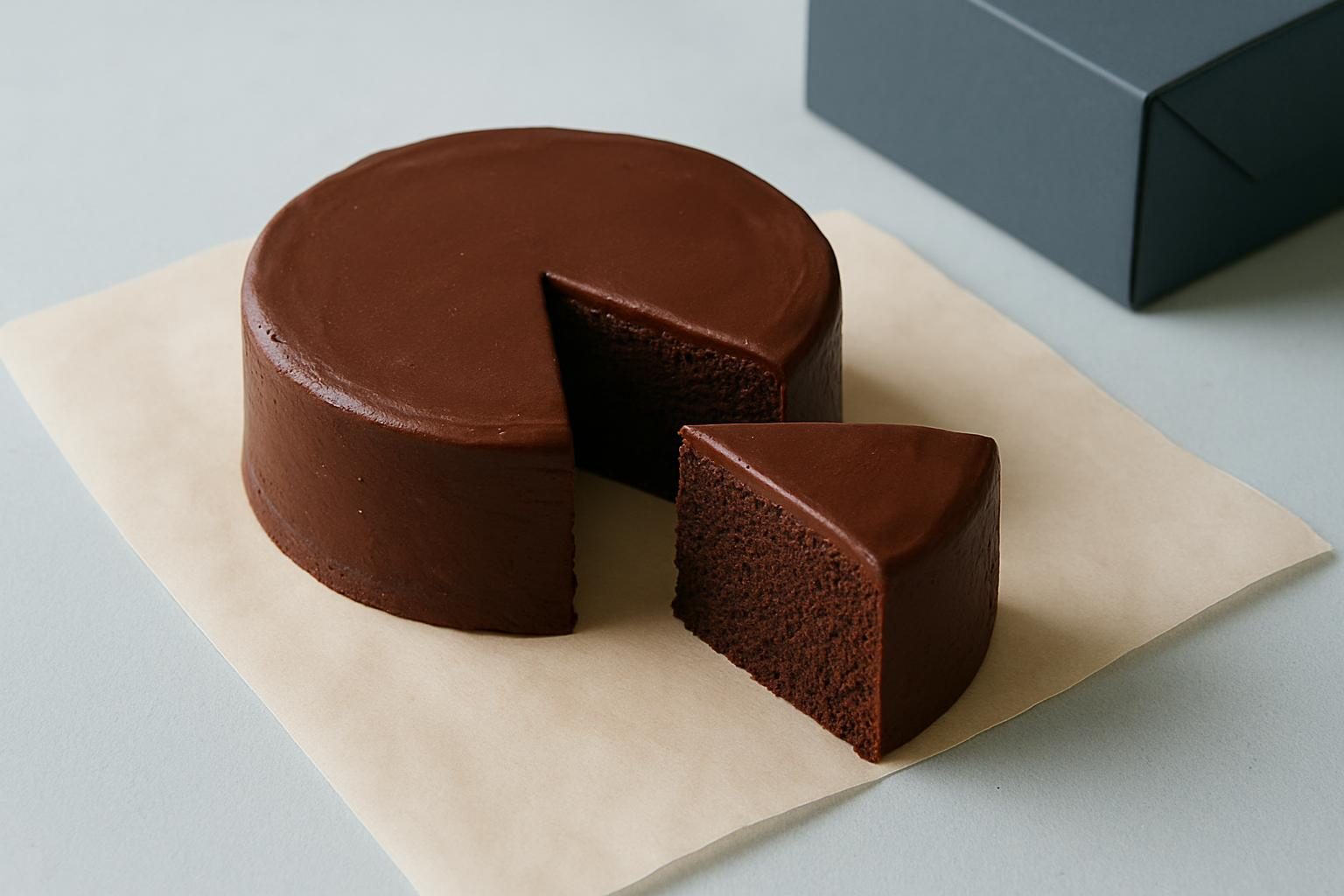 Chocolate cake on bakery paper beside blue takeaway packaging