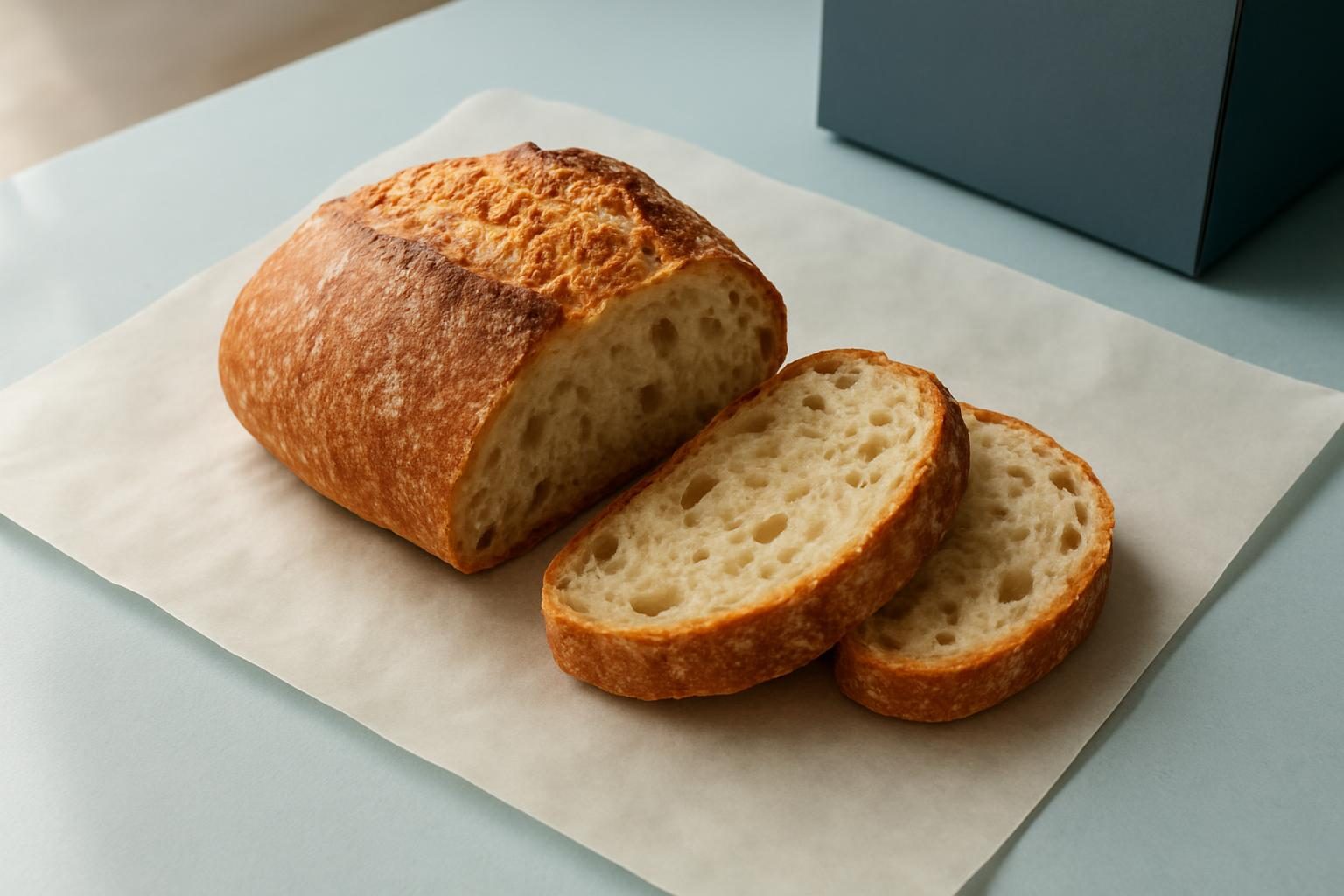 Bread on bakery paper beside blue takeaway packaging